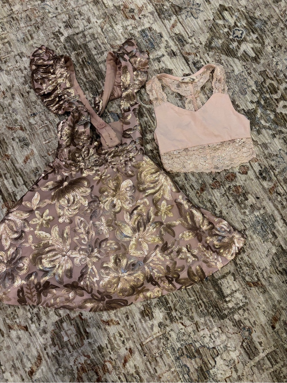Joyfolie Pink and Gold Floral Sequin Bralette & dress Set